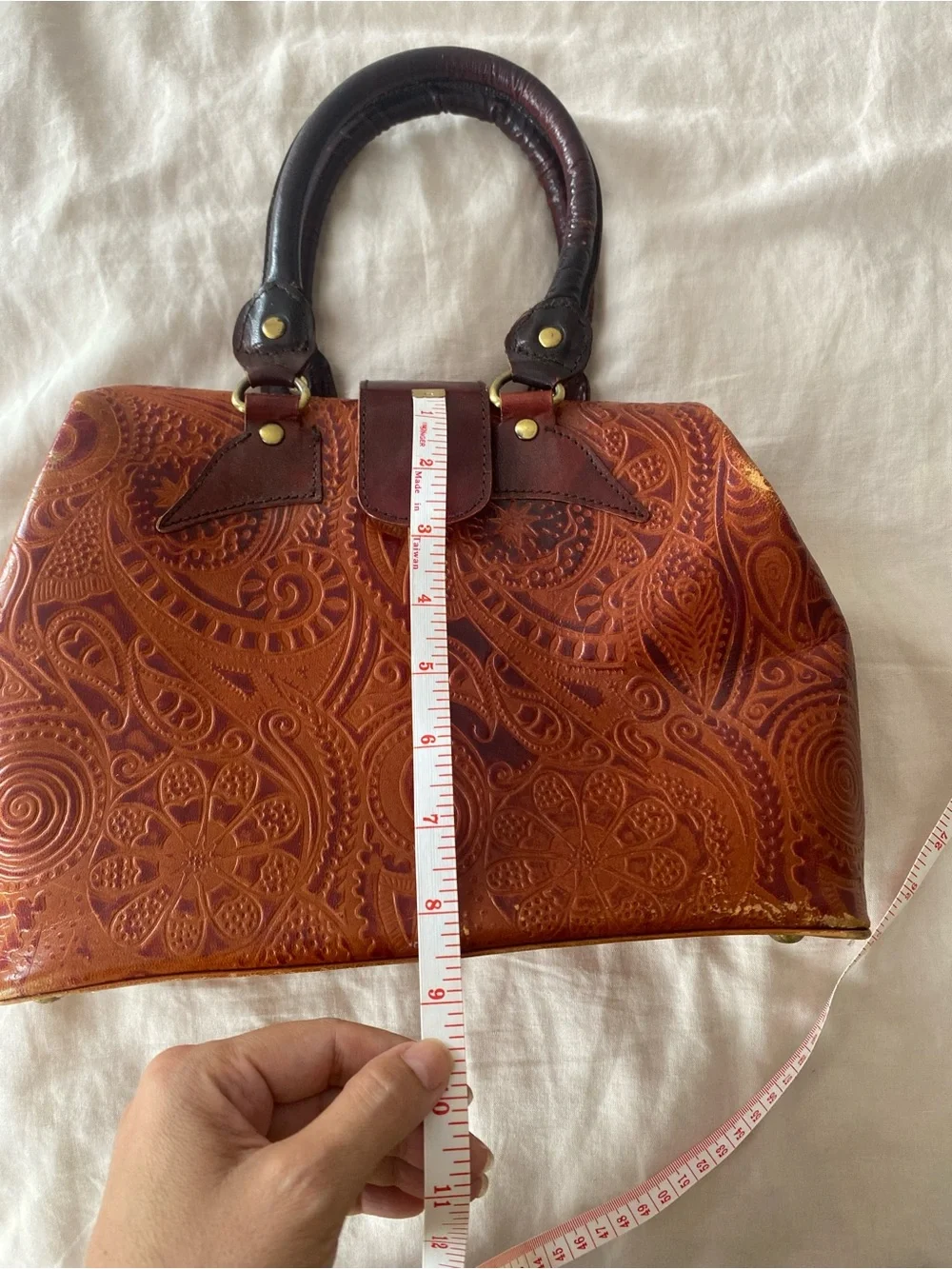 Vintage Leather Satchel Embossed Handbag Brown Medium Size Tooled Leather Boho